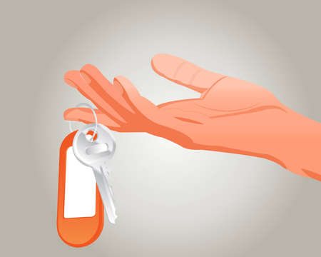 Human hand and silver key, hand with key on forefinger のイラスト素材