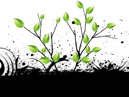   illustration of green leaves and Grunge banner with an inky dribble strip.のイラスト素材