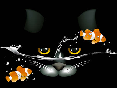black cat looking at two clown fish.のイラスト素材