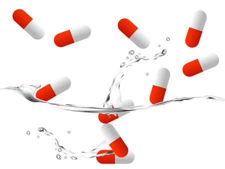 pills on water with splashing effect, medical illustration.のイラスト素材