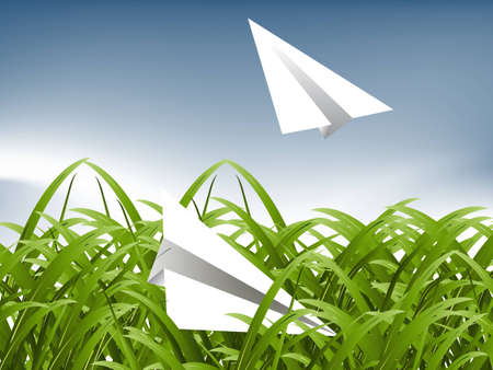 Green Grass and paper plane background, childhood concept.のイラスト素材