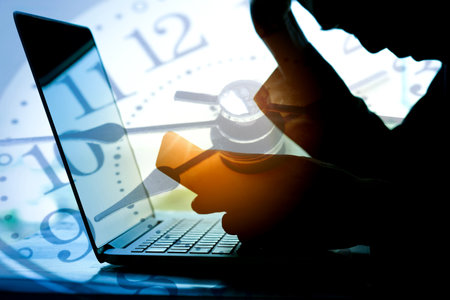 Image of a businessman working stressed, background, time clock overtime concept not working on time