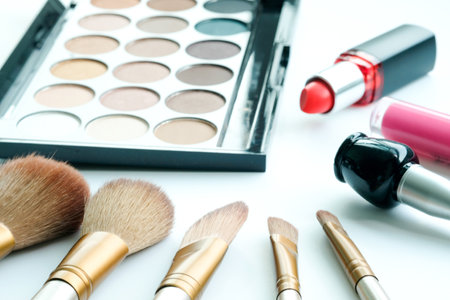 Makeup brush in luxury glass and accessories for women make up and jewelry  fashion professional equipment attractive fashion lady on colorful background .Beauty conceptの写真素材
