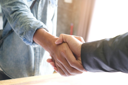 seven hand up of people working assemble corporate meeting show symbol Join forces teamwork quality and effective personnel Concept organizational development in teamwork and businessの写真素材