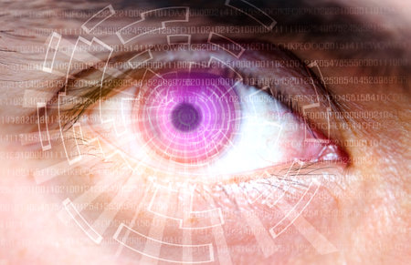 Image closeup of man eye of the  future screen scanning code cyber .Concept technology eyeの写真素材