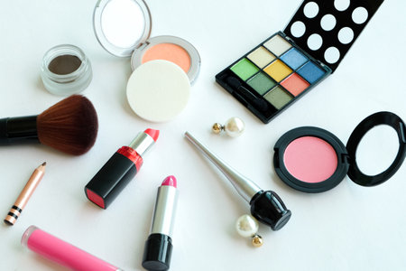 fashion professional makeup accessories equipment attractive fashion woman .on white backgroundの写真素材