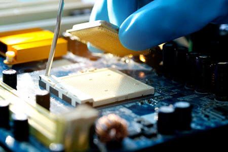 Hand of computer engineering brings computer cpu processor memory change components into socket...