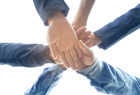 seven hand up of people working assemble corporate meeting show symbol Join forces teamwork quality...