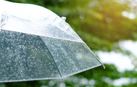 Itâs raining, Women walk in the rain. Hand of women holding an umbrella. She feel sad, Sky have a drizzling and overcast all the time. Raining background, Umbrella background.の写真素材
