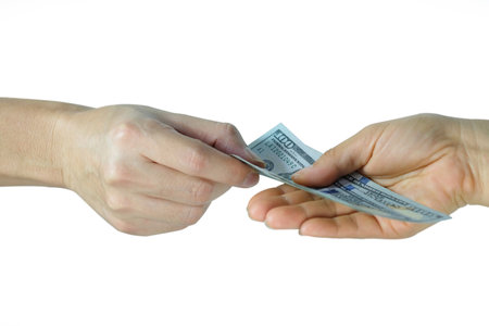 Business man's hand works for the money, He offer banknotes with partner for investment business, He...