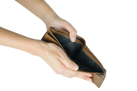 The man opened his brown wallet with no money in his pocket. He was in need, did not have enough...
