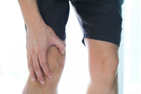 Knee pain. Young man's leg. He uses his hands to hold and massage the knee area. with tendon pain...