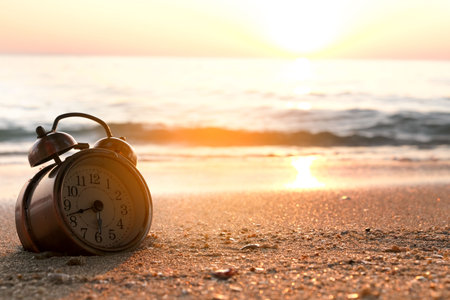 Morning of a new day, alarm clock  on the beach sunlight in morning. Health concept.