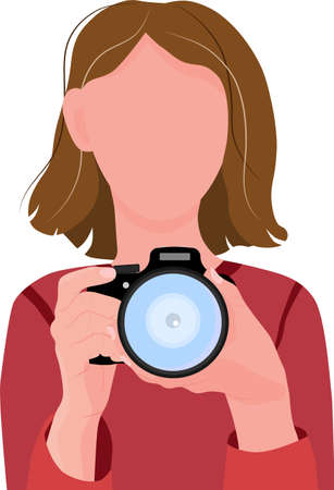 Girl making a photo. Woman with digital photo camera in her hands. Professional photographer. Vector illustrationのイラスト素材