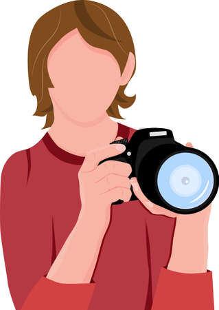 Girl making a photo. Woman with digital photo camera in her hands. Professional photographer. Vector illustration.のイラスト素材