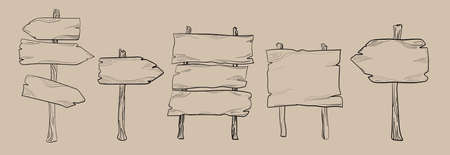 Set of wooden street signs and arrows. Isolated hand drawings on a light yellow background.のイラスト素材