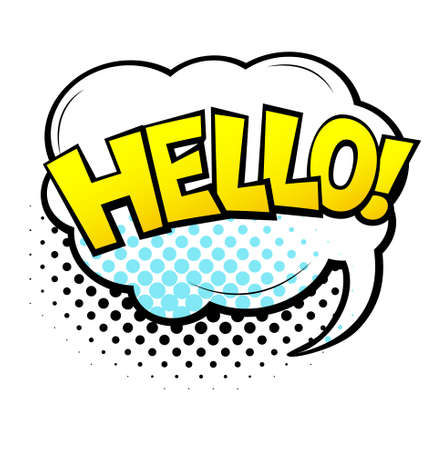 Comic lettering Hello. Comic speech bubble with emotional text Hello. Vector bright dynamic cartoon illustration in retro pop art style isolated on white background. Comic text sound effects.のイラスト素材