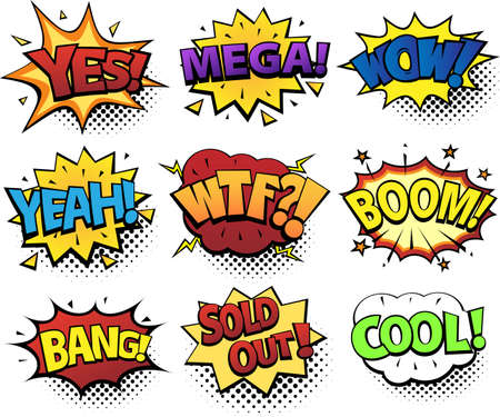 Comic speech bubbles set with different emotions and text Yes, Mega, WoW, Yeah, WTF, Boom, Bang, Sold Out, Cool. Bright dynamic cartoon illustration in retro pop art style isolated on white backgroundの写真素材