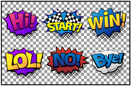 Comic speech bubbles set with different emotions and text Hi, Start, Win, LOL, No, Bye. Vector bright dynamic cartoon illustrations in retro pop art style isolated on transparent background.のイラスト素材