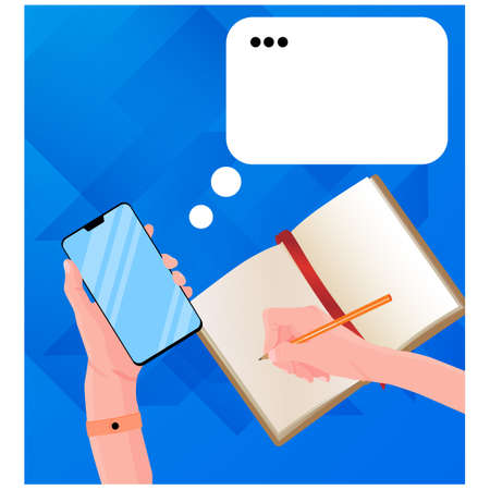 A girl has holding a smartphone in the hand, writing a message. In another hand she has holding a pencil and writing something in notebook. Work place at home on the quarantineのイラスト素材