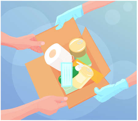Safe food delivery during the quarantine and coronavirus influenza outbreak. Hands in latex gloves. Box with donation goods. Stay home, online shopping. Vector illustrationのイラスト素材