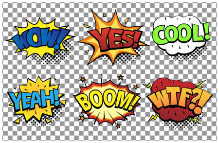 Comic speech bubbles set with different emotions and text Wow, Yes, Cool, Yeah, Boom, Wtf. Vector bright dynamic cartoon illustrations in retro pop art style isolated on transparent background.のイラスト素材