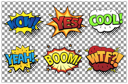 Comic speech bubbles set with different emotions and text Wow, Yes, Cool, Yeah, Boom, Wtf. Vector bright dynamic cartoon illustrations in retro pop art style isolated on transparent background.