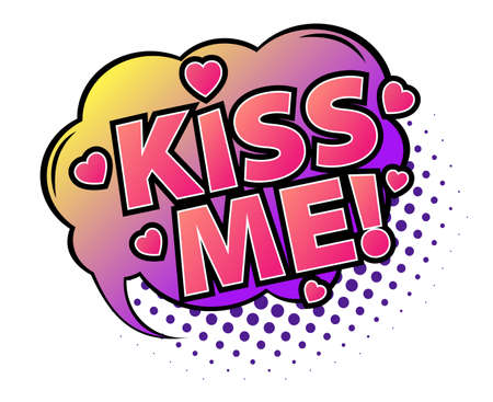 Comic lettering Kiss Me. Comic speech bubble with emotional text Kiss Me. Vector bright dynamic cartoon illustration in retro pop art style isolated on white background. Comic text sound effects.のイラスト素材
