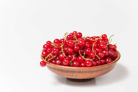 Red currant in clay bowl on white background. Fruit bowl. Delicious food. Copy space. High quality close up photo.の写真素材