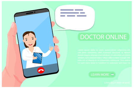 Online doctor consultation via your smartphone. Human hand is holding phone with video call to doctor. Woman therapist gives an advice online. Concept for medical app and web. Vector illustrationのイラスト素材