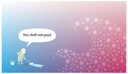 Coronavirus COVID-19 SARS-CoV-2 outbreak and influenza in light blue and pink background. Person is fighting with wave of virus. Pandemic medical health risk, virology, epidemiology concept. Vectorのイラスト素材