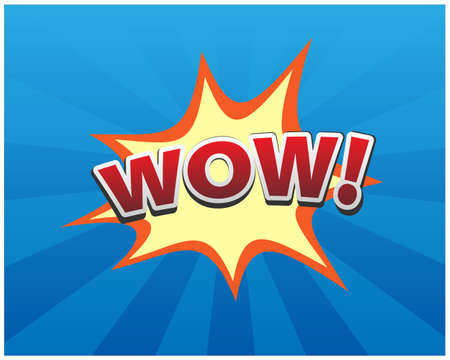 Comic speech bubble with expression text Wow. Abstract blue background. Vector bright cartoon illustration in retro pop art style.のイラスト素材