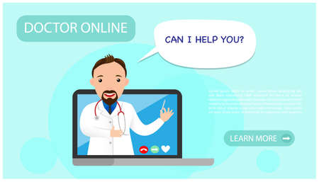 Doctor online on your laptop. Online medicine, consultation and diagnosis concept. Web banner for medical app. Ask doctor online. Help and support. Vector illustrationのイラスト素材