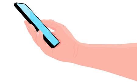 Mobile phone in the hand. Man holds black smartphone. Finger touching screen. Copy space for your text. Vector illustration, white background.のイラスト素材