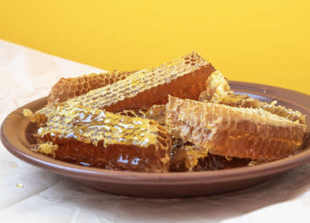 Honeycombs in clay plate on the paper background. Natural organic bee product. Healthy lifestyle....