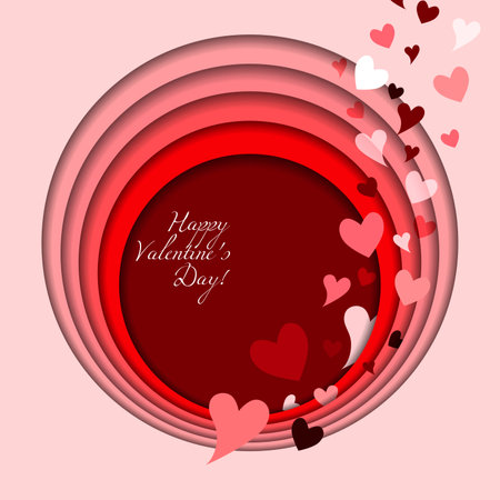 Valentines day banner. Background with paper cut effect and different colorful hearts. Copy space for your text. Gift card, advertising, poster conceptual model.のイラスト素材