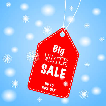Big winter sale poster with red label. Blue background, snowflakes.のイラスト素材