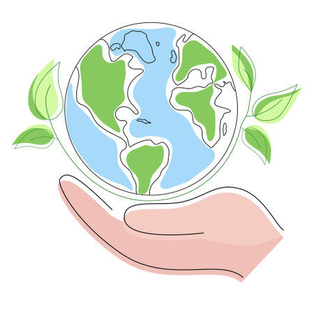 Green Earth with leaves in human hand. Concept Save planet. Vector illustrationのイラスト素材