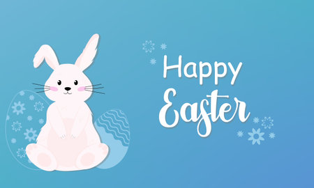 White easter rabbit and eggs. Inscription Happy Easter and cute bunny on blue background.のイラスト素材