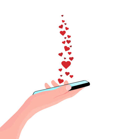 Mobile phone in the hand. Woman holds black smartphone. Finger touching screen. Copy space for your text. Vector illustration, white background.のイラスト素材