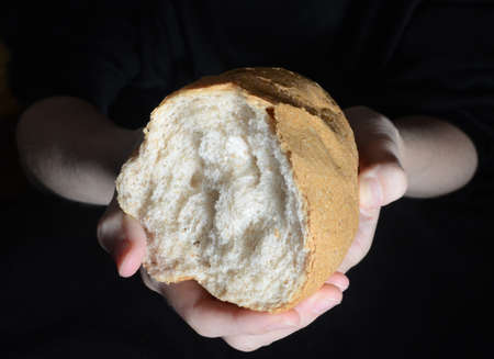 Female hands holding a divided loaf of bread. Concept of cooking. Closeup.