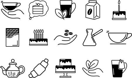 Set of coffee and tea icons. Contain cup of coffee or tea, different birthday cakes, chocolate and hands. Vector illustrationのイラスト素材