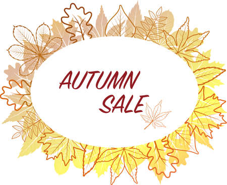 Autumn frame with colorful and contour outline gradient leaves for shopping, sale or promotional poster, background, flyer, web banner. Template vector illustration.のイラスト素材