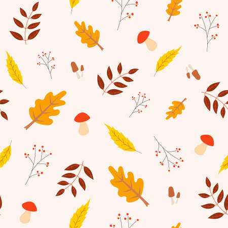 seamless autumn pattern with leaves, mushrooms, branches and berries. Background for textile, book covers, wallpapers, design, graphic art, printing, hobby.のイラスト素材