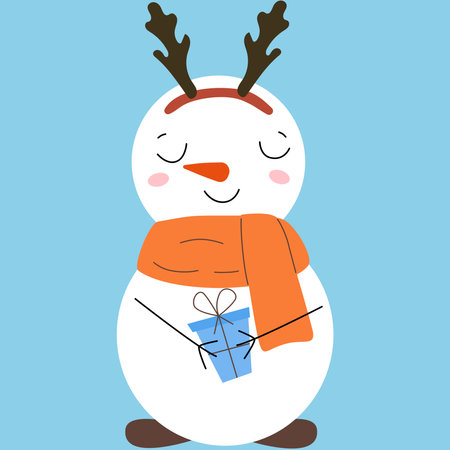 Christmas cute snowmen in scarf with gift. New year illustration.のイラスト素材