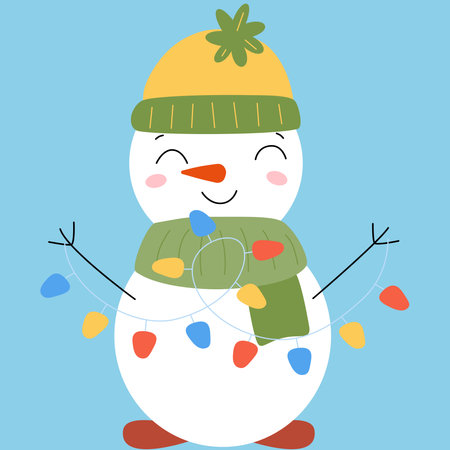 Christmas cute snowmen in hat and scarf with garland. New year illustrationのイラスト素材