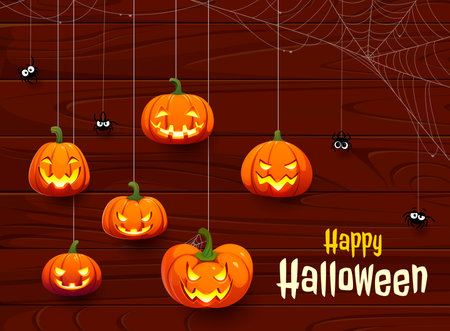 Halloween banner with carved pumpkins hanging on threads against a wooden wall background. Creepy spiders and cobwebs, pumpkin lanterns with spooky faces. Halloween horror night holiday greeting cardのイラスト素材