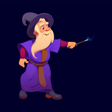 Cartoon Halloween wizard sorcerer or mage character with long white beard, vector personage. Old wizard in pointy hat and purple robe making spell with magic wand for Halloween horror night holidayのイラスト素材