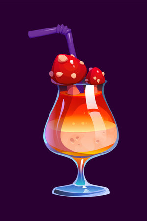Halloween holiday cocktail drink with amanita mushrooms, cartoon vector glass cup. Halloween horror night and trick or treat party spooky cocktail elixir or magic potion with poisonous witch mushroomsのイラスト素材