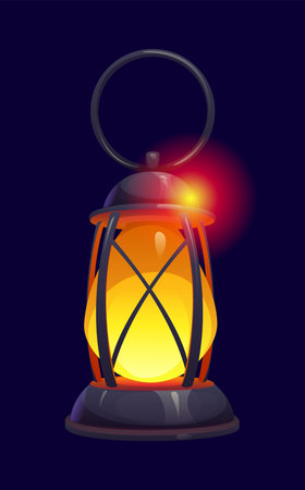 Cartoon Halloween lantern lamp with oil kerosene. Gas petrol metal vector lantern with brass ring accessories for witch, old house, fairytale. Fantasy Halloween dark lampのイラスト素材